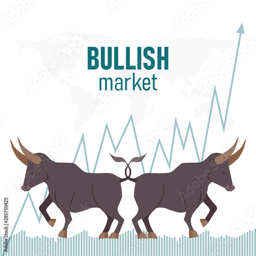 Bullish market. Bull and green arrow. The chart and the indicator show an uptrend. Stock market vector illustration.