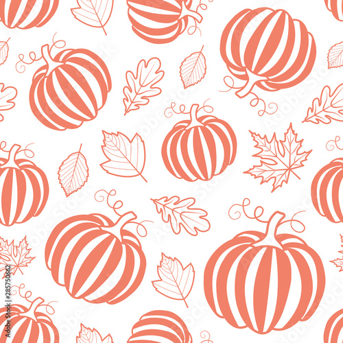 Seamless pattern of pumpkins and leaves.