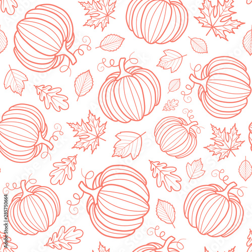 Seamless pattern of pumpkins and leaves.