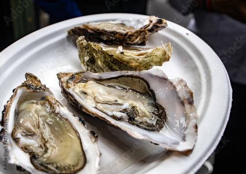 Fresh oysters at the seafood market with ice