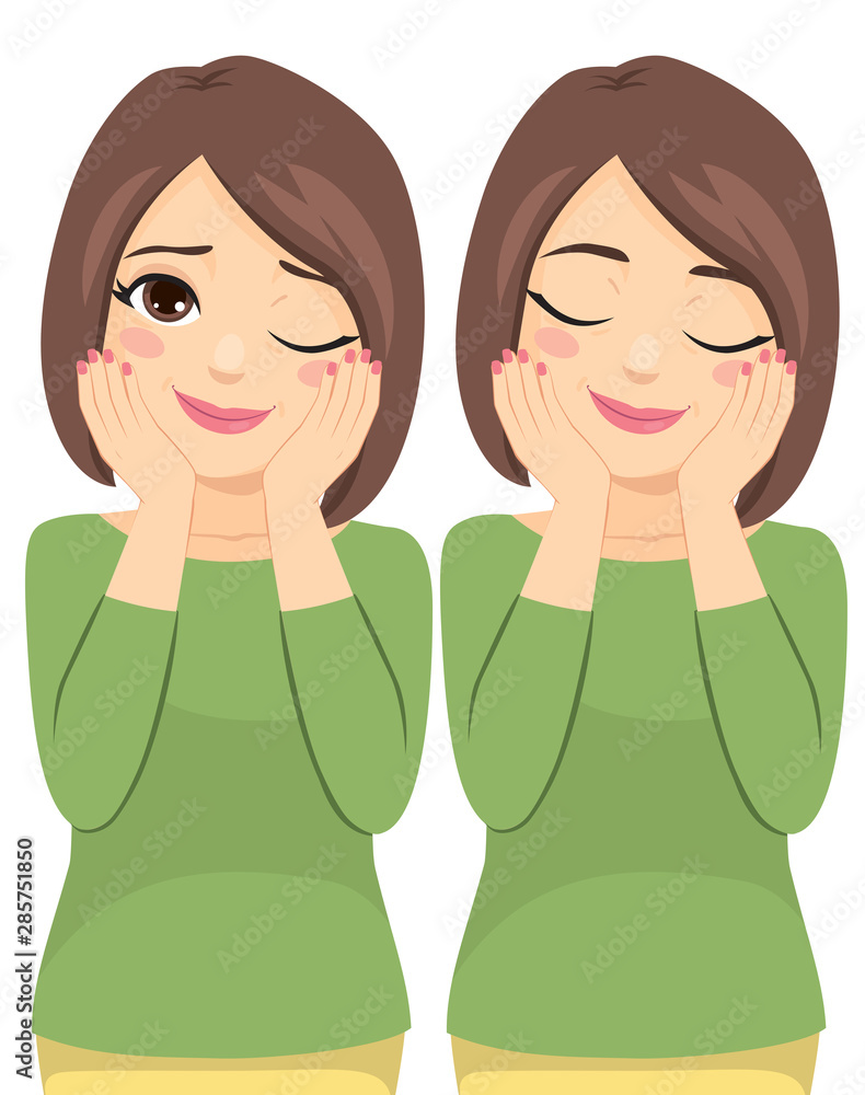 Middle aged beauty woman happy two action winking eye and closed eyes while touching face with hands Middle aged beauty woman happy two action winking eye and closed eyes while touching face with hands