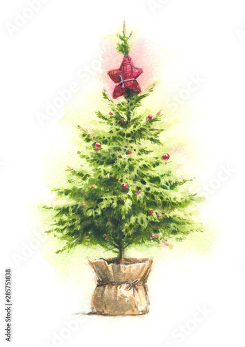Watercolor illustration of a Christmas tree on a white background.