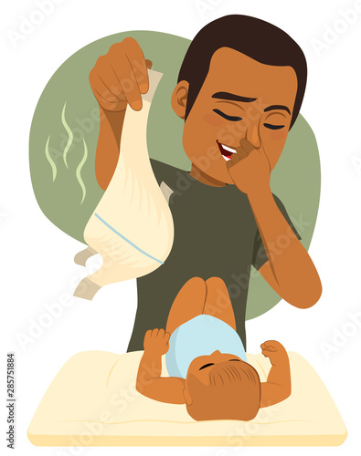 Funny man pinching nose while changing sweet little baby stinky diaper