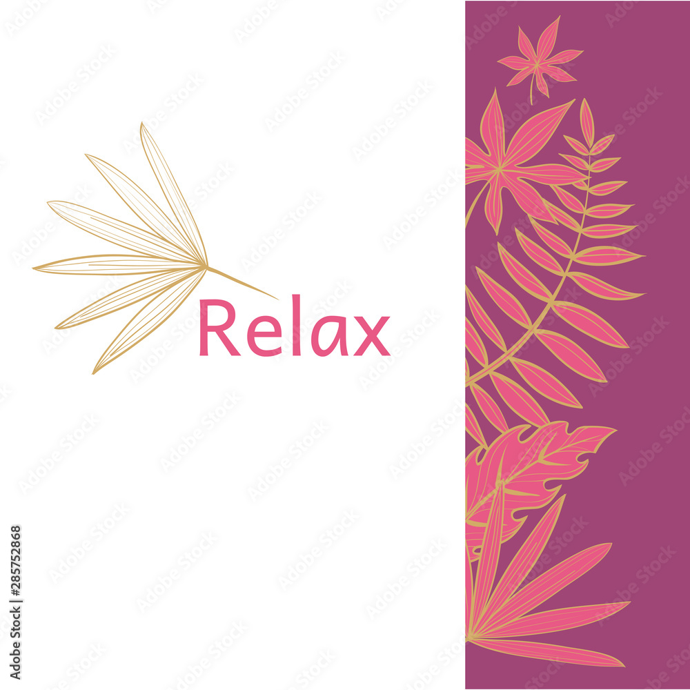 Postcard template with tropical leaves. Linear illustration. Vector background