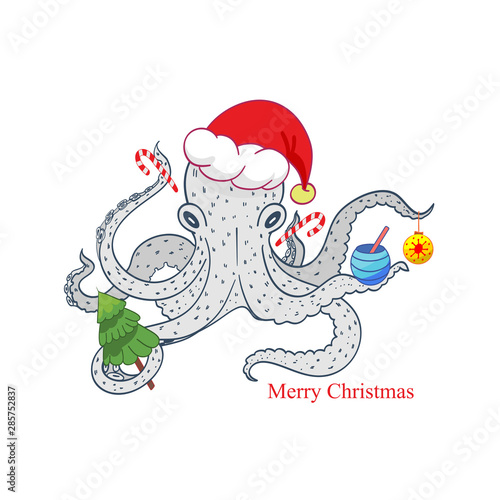 Christmas in the tropics. Octopus in the hat of Santa Claus with Christmas decorations, caramel, cocktail and Christmas tree. Hand drawn illustration. Vector sketch.