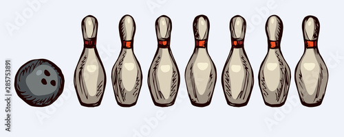 Game pins and ball. Vector drawing