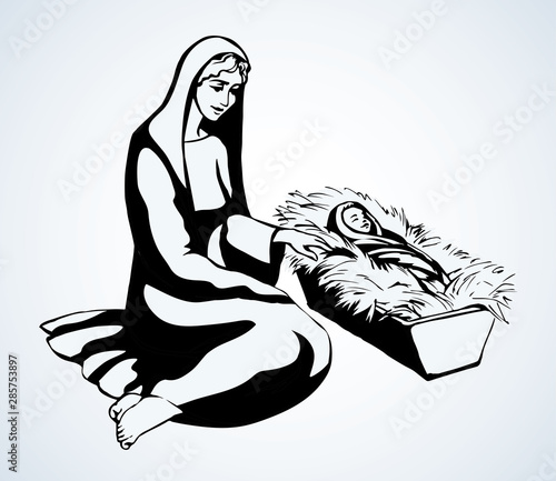 Maria and the baby. Vector drawing