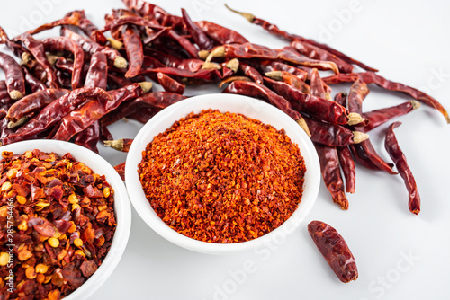 a plate of paprika and red dried chili on a white background