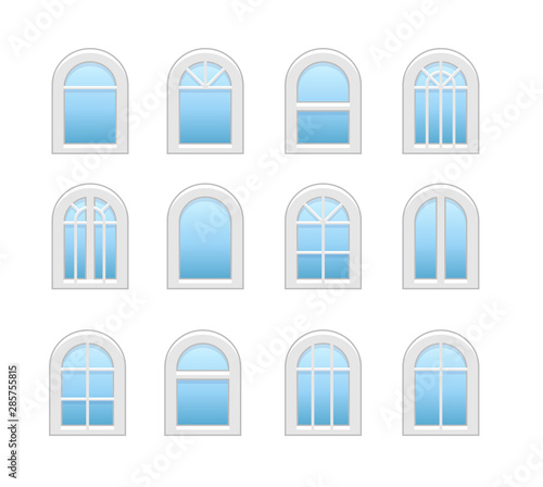 Arched & arch window. Casement & awning window frames. Flat icon set. Vector illustration. Isolated objects