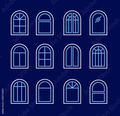 Arched & arch window. Casement & awning window frames. Line icon set. Vector illustration. Isolated objects