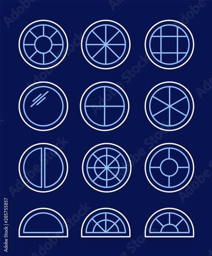 Round & circle window. Casement & awning window frames. Line icon set. Vector illustration. Isolated objects