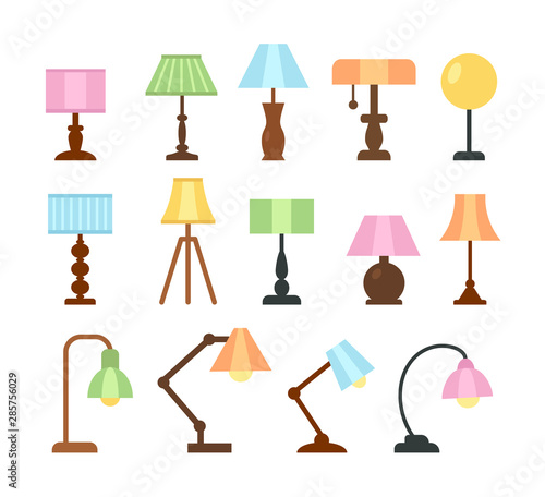 Table lamps. Flat icon set. Light fixtures. Home & office lighting. Interior design elements. Vector illustration