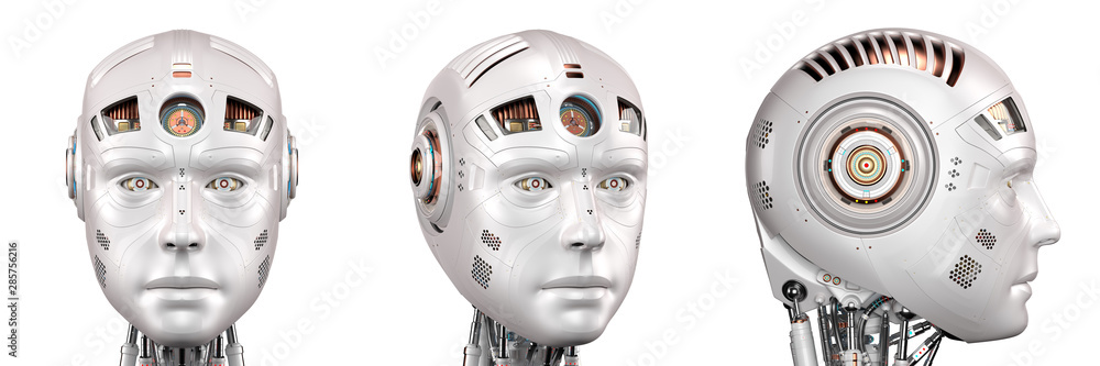 Robot head or detailed cyborg face. Set of three different angles 