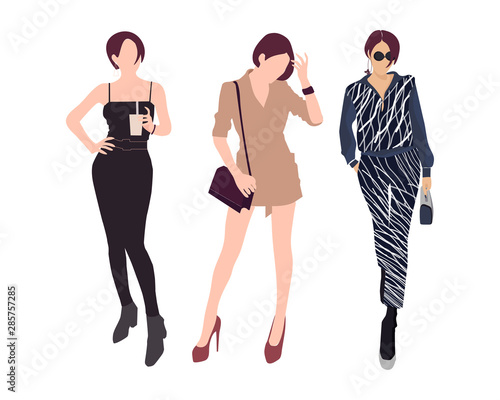 Vector flat design colorful fashionable people standing in different poses. Women in luxury clothes. Fashionable girl standing in three different poses and dresses with a square and accessories.