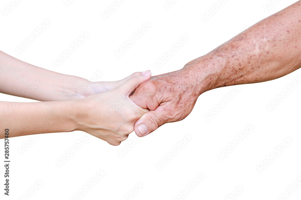 Young asian girl hand holding elderly man , care and support in family concept isolated on white background with clipping path Young asian girl hand holding elderly man , care and support in family concept isolated on white background with clipping path