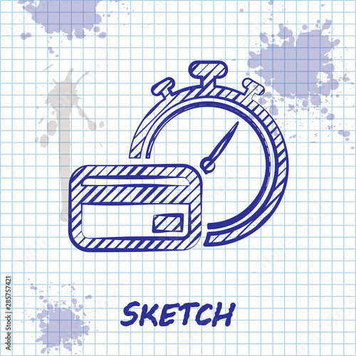 Sketch line Fast payments icon isolated on white background. Fast money transfer payment. Financial services, fast loan, time is money, cash back concept. Vector Illustration