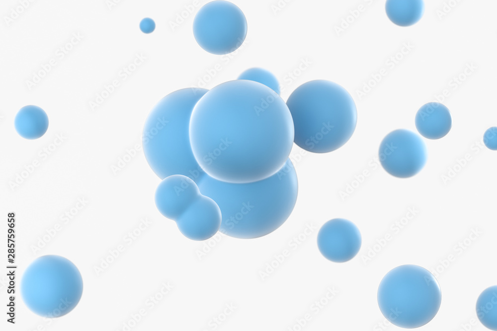 Blue spheres and molecular model, random distributed, 3d rendering. Blue spheres and molecular model, random distributed, 3d rendering.