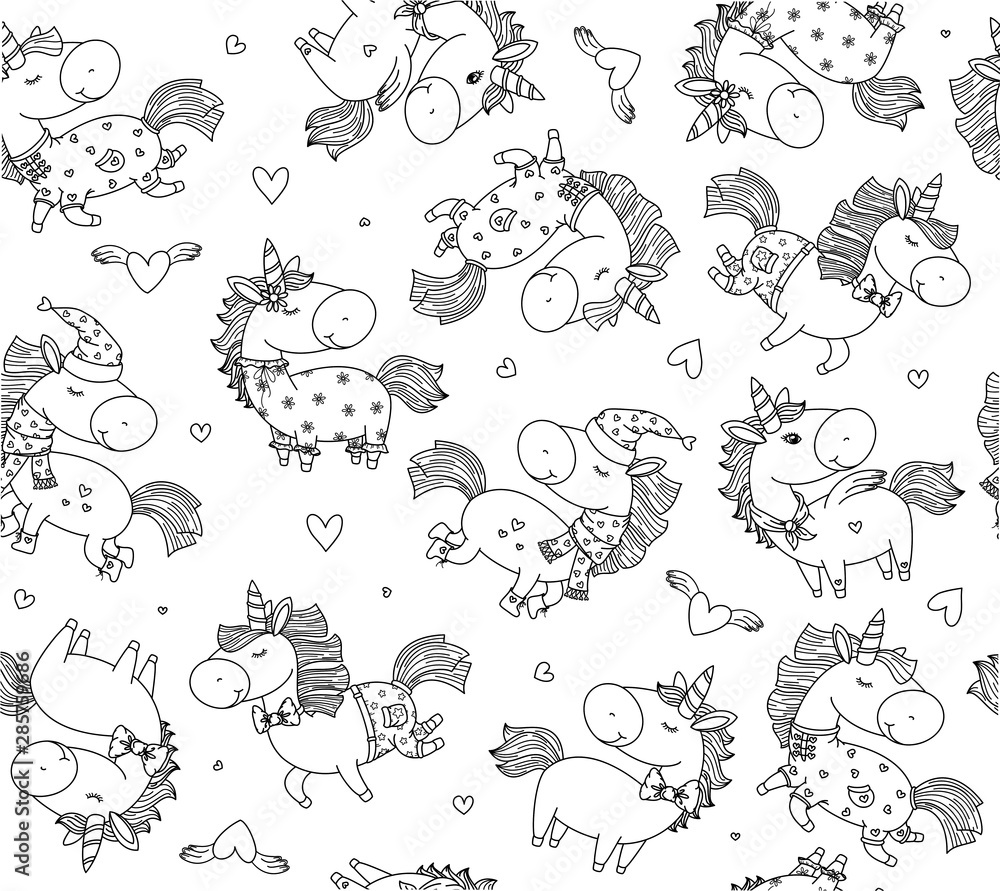 Vector  baby unicorns cartoons seamless pattern, black silhouette isolated.