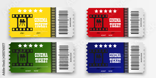 Vector cinema tickets isolated on transparent background. Realistic cinema entrance ticket.