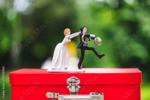 A funny wedding box for a wedding with weddng rings on it. Bride and groom funny miniature. photo