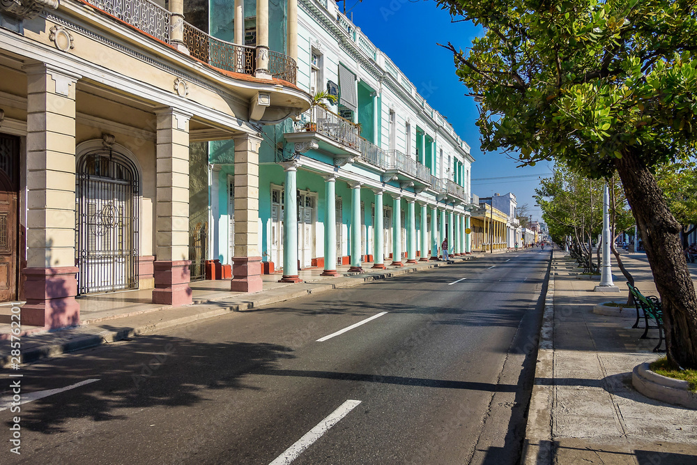 Colonial style colored buildings. Paseo el Prado in Cienfuegos, Cuba