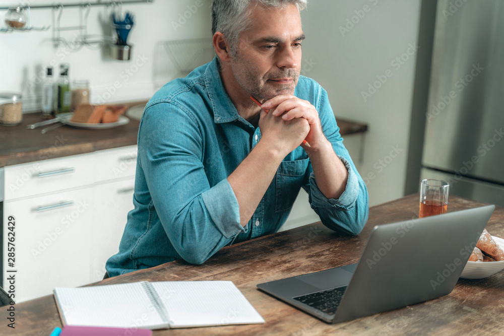 Mature man looking on display and working with laptop