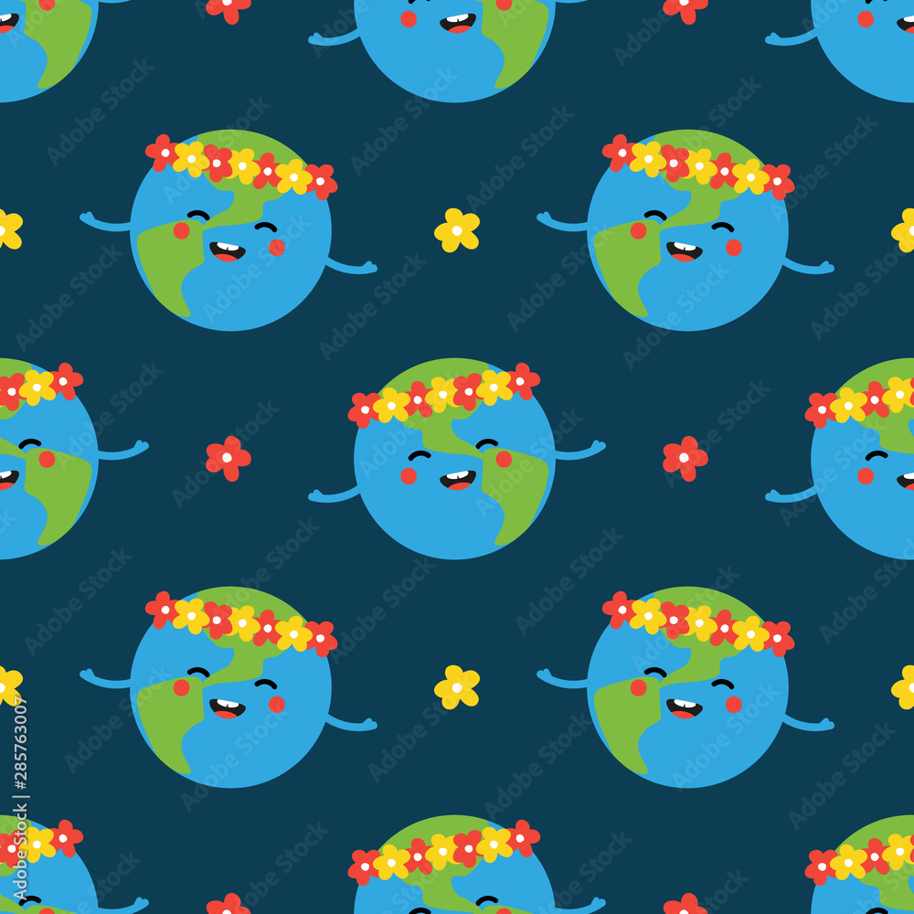 Vector seamless pattern background with cute earth planet character in floral wreath, smiling and happy. Vector seamless pattern background with cute earth planet character in floral wreath, smiling and happy.