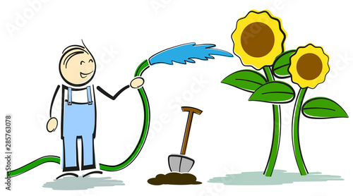 smiling amateur gardener stickman watering plants with garden hose vector illustration