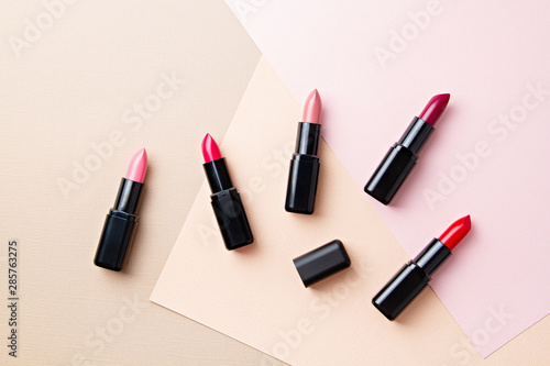 Collection of various lipsticks makeup. Make up artist, beauty salon, beauty blog