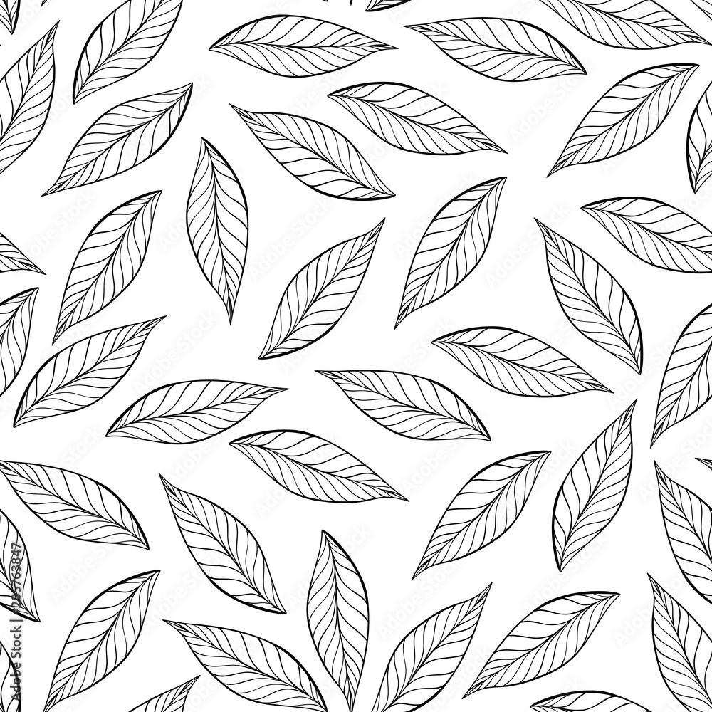 Tree foliage vector seamless pattern. Forest flora black and white texture. Botanical decorative background. Leaves ink pen outline illustration. Wallpaper, wrapping paper, textile floral design