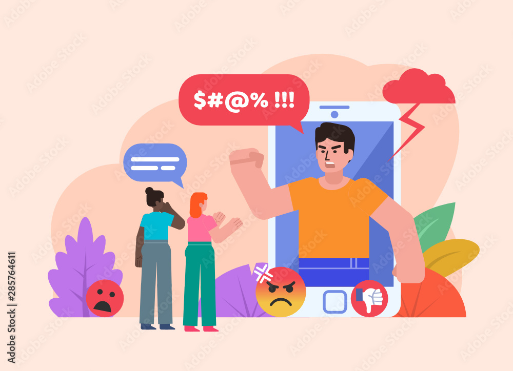 Online bully, internet troll. Argue, conflict by phone. Two women stand near big phone. Poster for social media, web page, banner, presentation. Flat design vector illustration