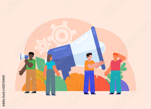 Online web promotion studio, agency. Hire, recruitment, HR concept. People stand near big megaphone. Poster for social media, web page, banner, presentation. Flat design vector illustration