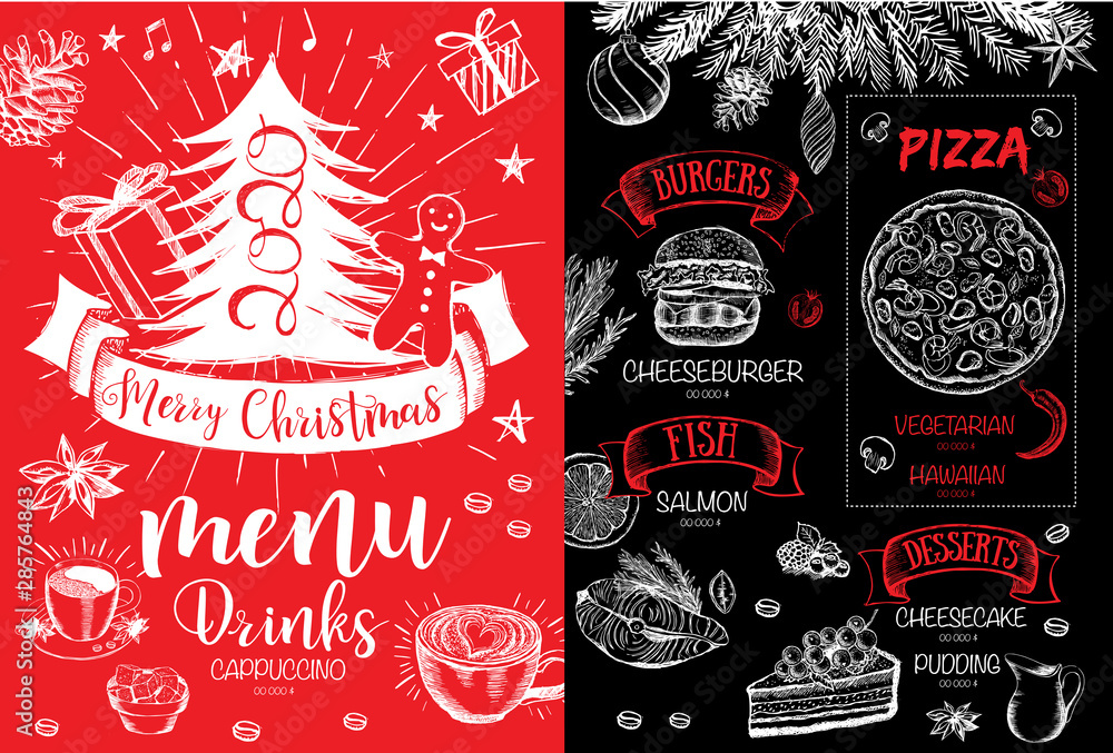 Christmas menu design. Restaurant menu. Hand drawn illustration Christmas menu design. Restaurant menu. Hand drawn illustration