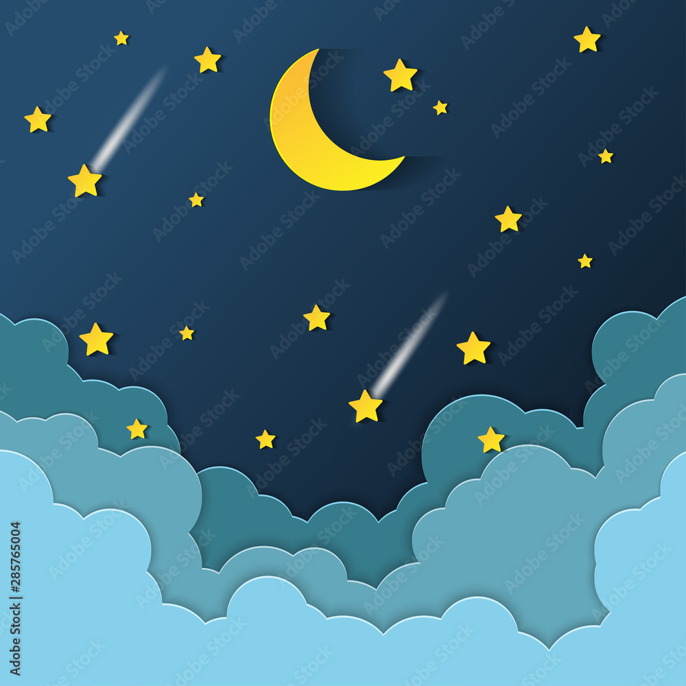 night sky with stars and moon. paper art style.Vector of a crescent ...