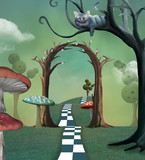 Wonderland series - Surreal countryside view with a secret passage and cheshire cat