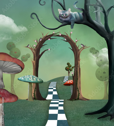 Fototapeta Wonderland series - Surreal countryside view with a secret  passage and cheshire