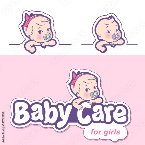 Baby care design template. Logotype with cute little baby in diaper.