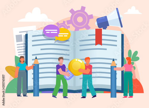 Keep online diary, blog concept. Group of people stand near big diary, book. Poster for social media, web page, banner, presentation. Flat design vector illustration
