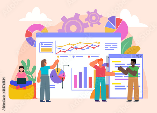 Group of people stand near big page with various charts, graphs, statistics. Flat design vector illustration. Poster for social media, web page, banner, presentation