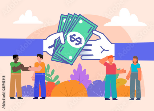 Payment, trade, return debt or pay taxes concept. Group of people stand near big hands with cash. Poster for social media, web page, banner, presentation. Flat design vector illustration