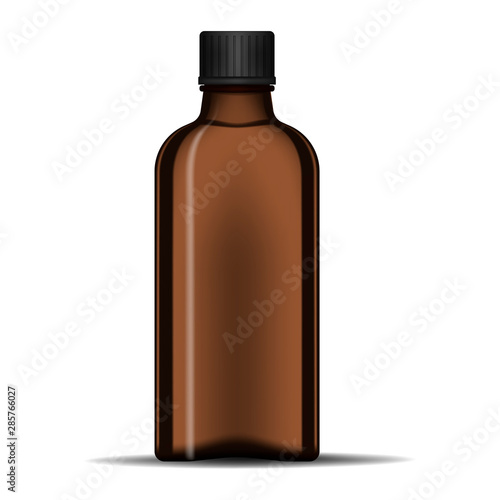 Clear dark glass bottle with screw cap, realistic vector mockup. Empty transparent brown container with black lid