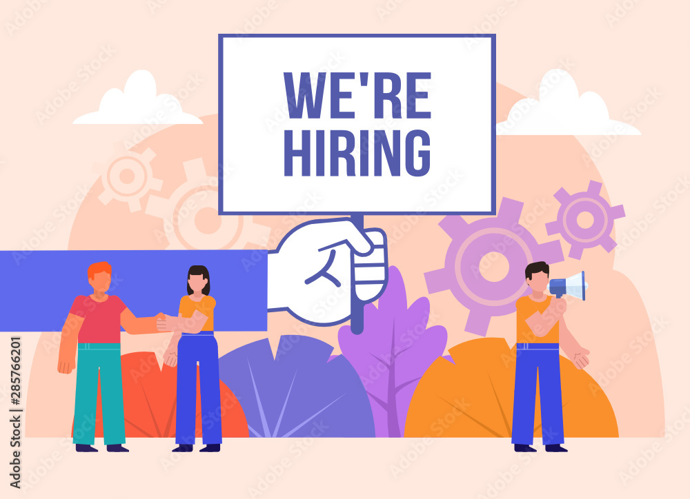 Group of people stand near big hand holding we are hiring sign. Vacancy, employee search concept. Poster for social media, web page, banner, presentation. Flat design vector illustration