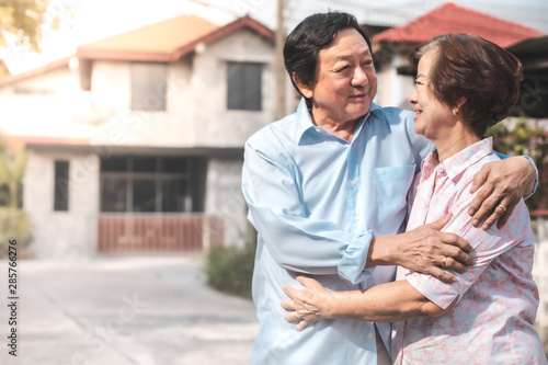 Happy elderly couple with lifestyle after retiree concept. Lovely asian seniors couple embracing together .