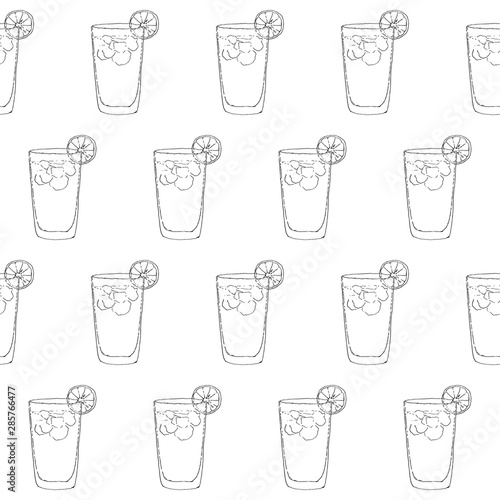 Long Island Cocktail in a glass. Seamless pattern of cocktails. Monochrome sketch, hand drawing. Outline, doodle. Vector illustration. EPS10