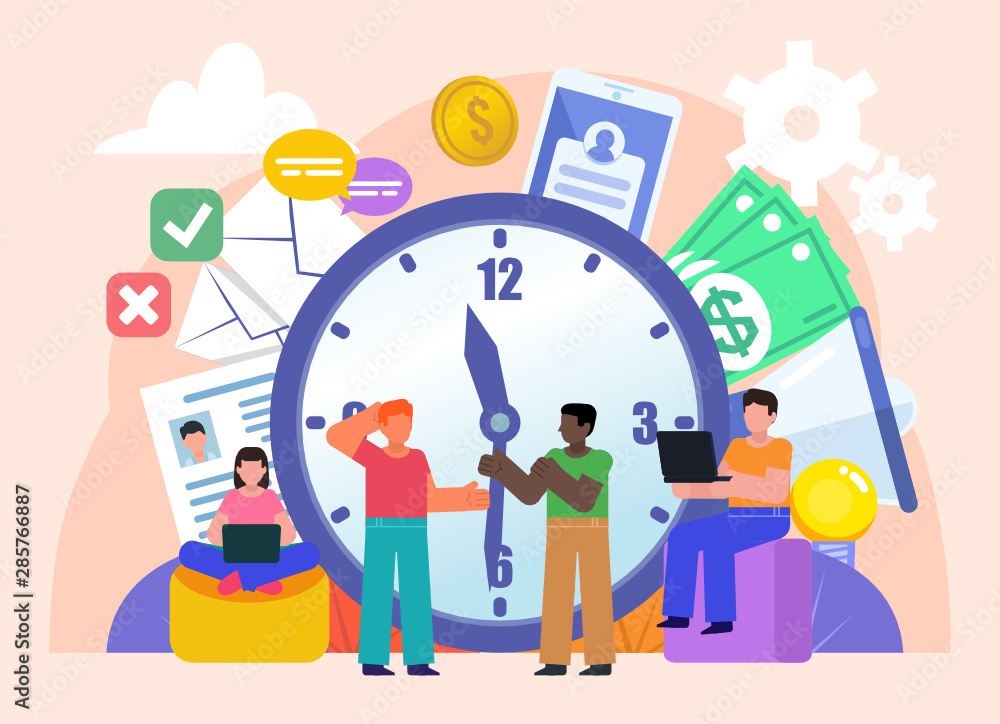 Fototapeta premium Time management, freelance, office work. Group of people stand near big watches and various elements. Flat design vector illustration. Poster for social media, web page, banner, presentation