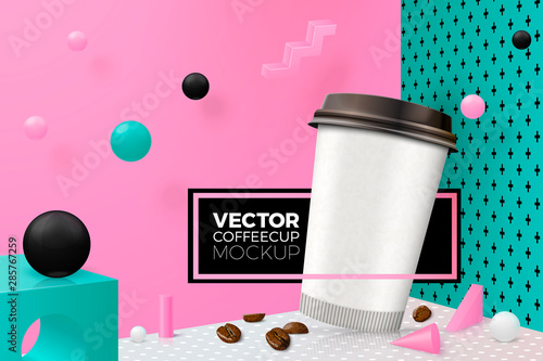 Vector 3d realistic corner wall abstract scene with text and border, podium and coffee cup, pink, white, black and green balls and objects.