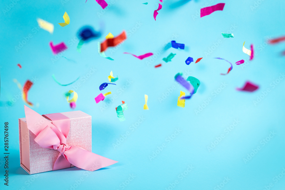 Beautiful present or gift box against color background