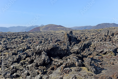 Black scenery of Lava fields, Iceland, Europe.