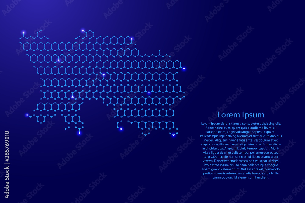 Jersey map from futuristic hexagonal shapes, lines, points  blue and glowing stars in nodes, form of honeycomb or molecular structure for banner, poster, greeting card. Vector illustration.