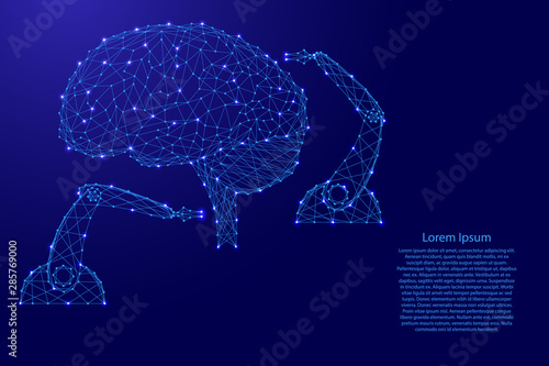 Neurosurgical operation on the human brain by robotic arms manipulator innovative concept from futuristic polygonal blue lines and glowing stars for banner, poster, greeting card. Vector illustration.